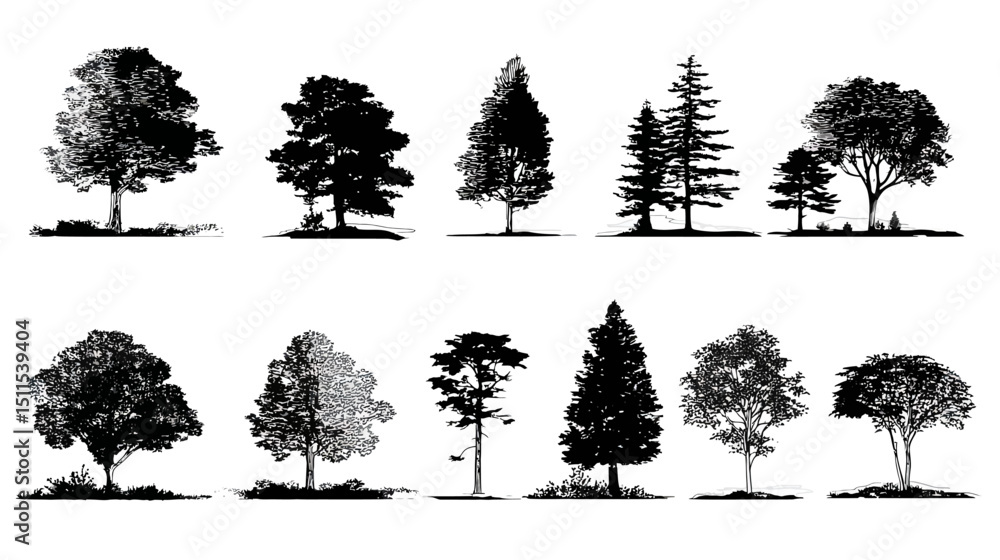 Poster tree line drawing set simple silhouette vector isolated on white background -
