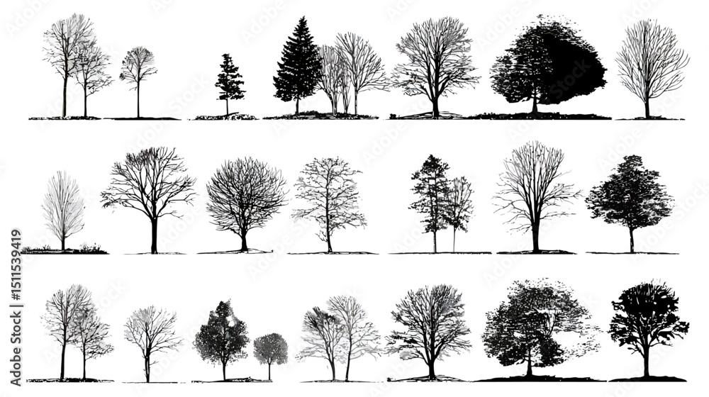 Poster tree line drawing set simple silhouette vector isolated on white background -