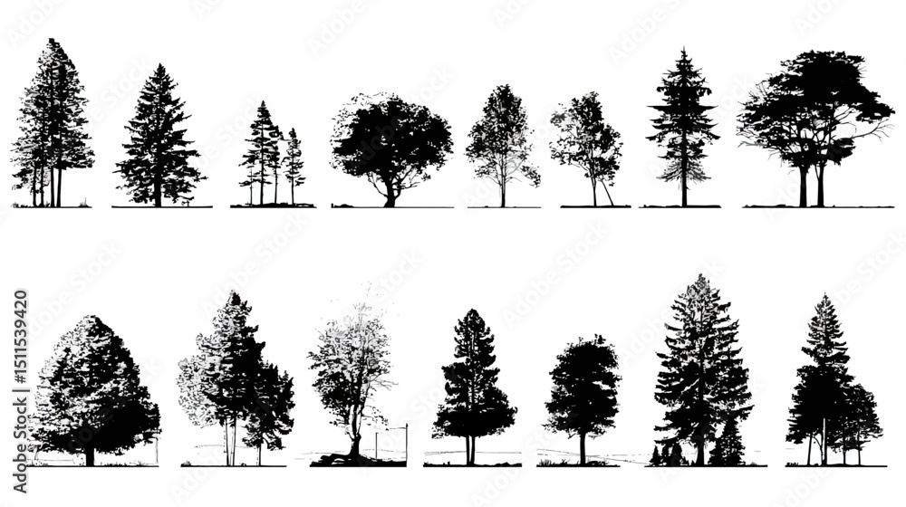 Poster tree line set simple black silhouette vector isolated on white background -