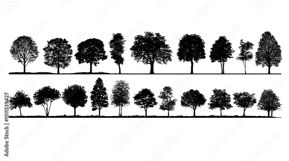 Poster tree line set simple black silhouette vector isolated on white background -
