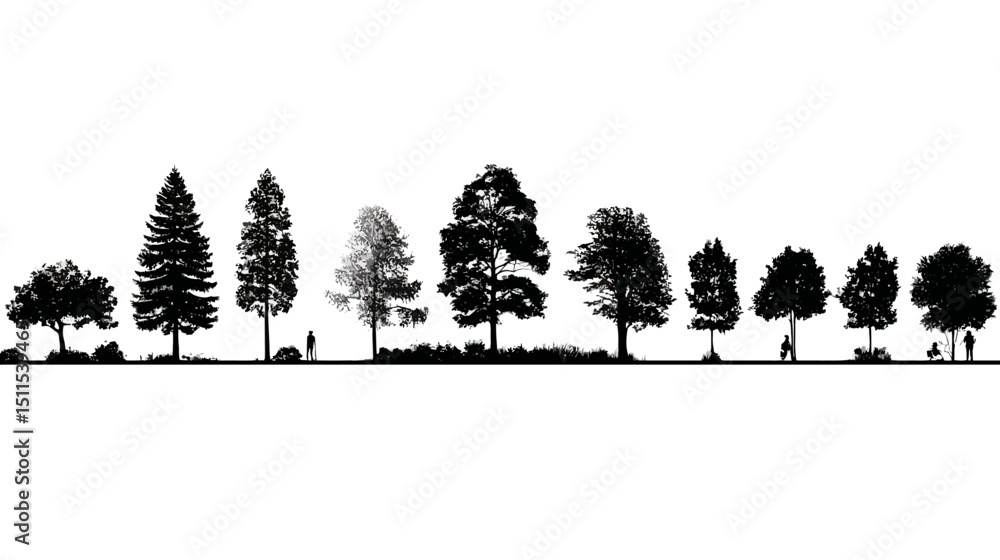 Poster tree line set simple black silhouette vector isolated on white background -