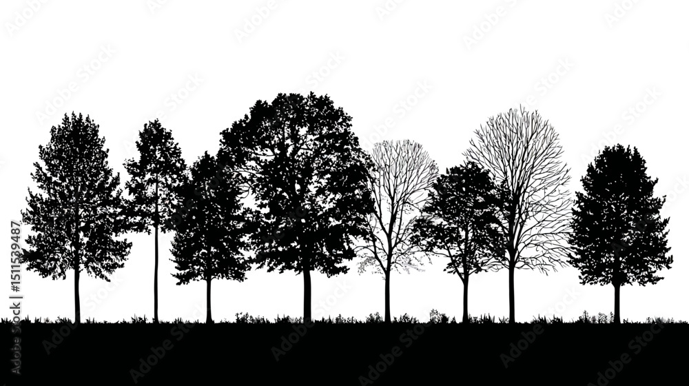 Poster tree line set simple black silhouette vector isolated on white background -