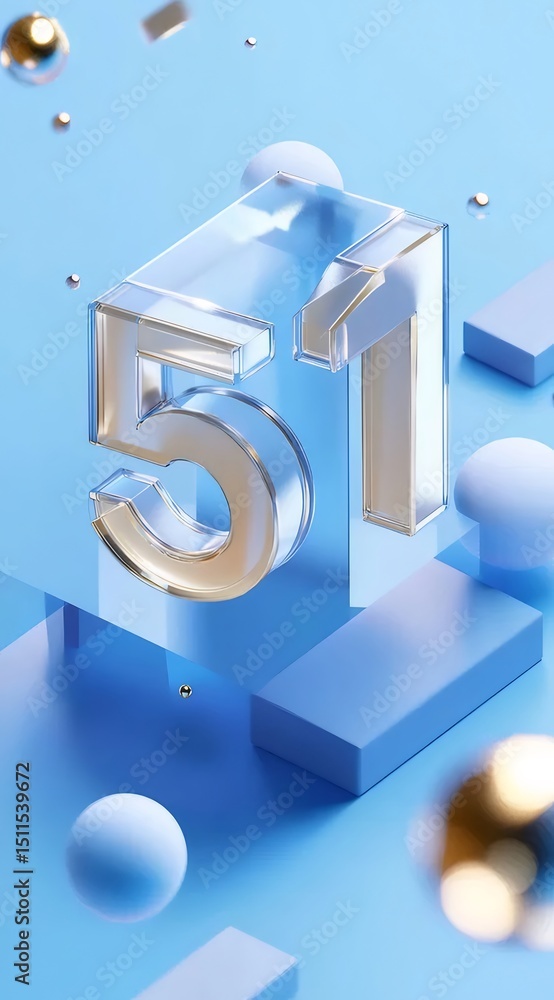 Aufkleber メタリックナンバー51の3dレンダリング 青色の背景に浮かぶ立方体と球体の構成