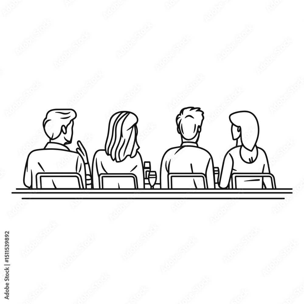 Poster four people sitting at a table in a minimal line drawing style