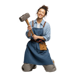 Crafting joy happy artisan with hammer studio workshop portrait photography transparent background