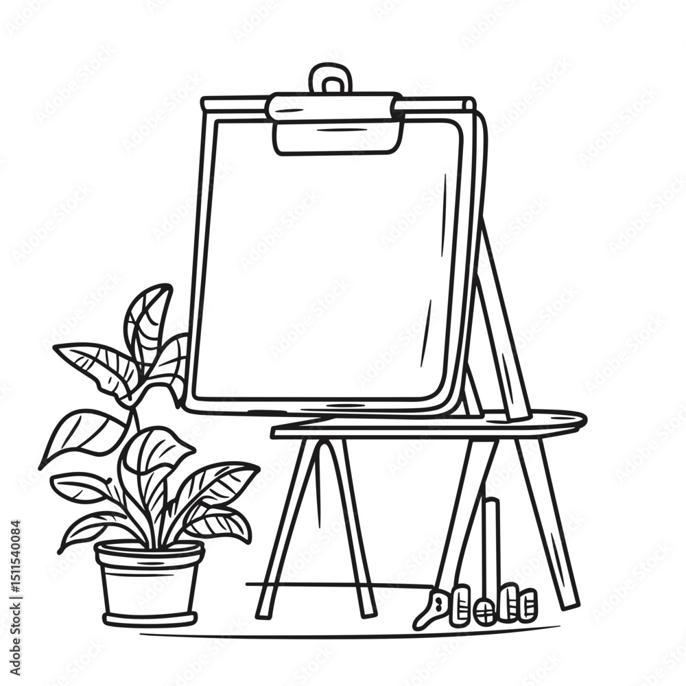 Poster flipchart on easel with plant and markers in minimal line drawing style