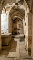 Fototapeta premium Forgotten Crypt Beneath Ancient Cathedral with Stone Sarcophagi