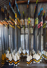sport rowing oars and kayak on a wall