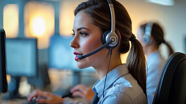 Focused female call center operator with headset working at computer in modern office environment with blurred colleague in background

 - Powered by Adobe