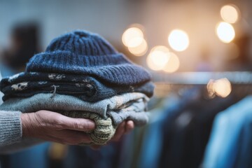 Close-up of male hands holding donated winter clothes