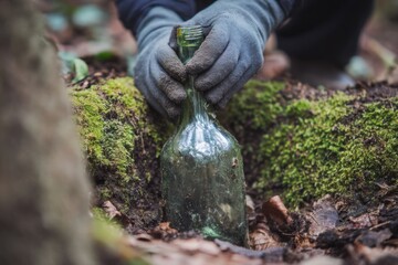 Obraz premium Gloved hands picking up glass bottle during Giving Tuesday cleanup