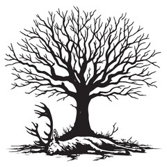 Obraz premium Dead deer under a dry tree illustration vector
