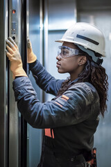 Female technician repairing elevator wearing safety equipment