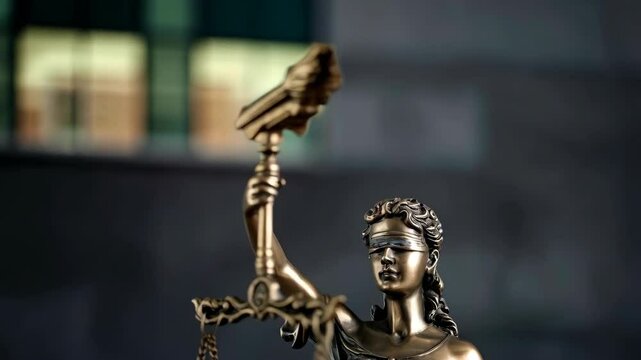 Bronze statue of a woman holding scales of justice and torch in a courtroom setting, legal concept, impartial justice, jurisprudence, and equity.