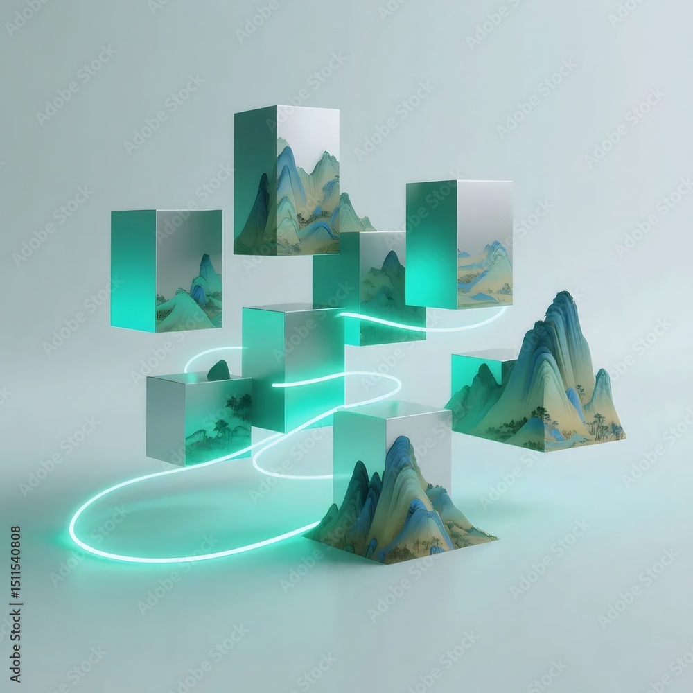 Aufkleber 抽象的な山と立方体のグラフィックデザイン 青緑色の背景に水彩画風の風景が描かれた立方体と光のラインによる幾何学的構成