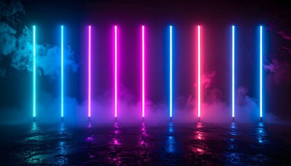 Array of Colorful Neon Light Sticks Arranged in Parallel on a Reflective Surface