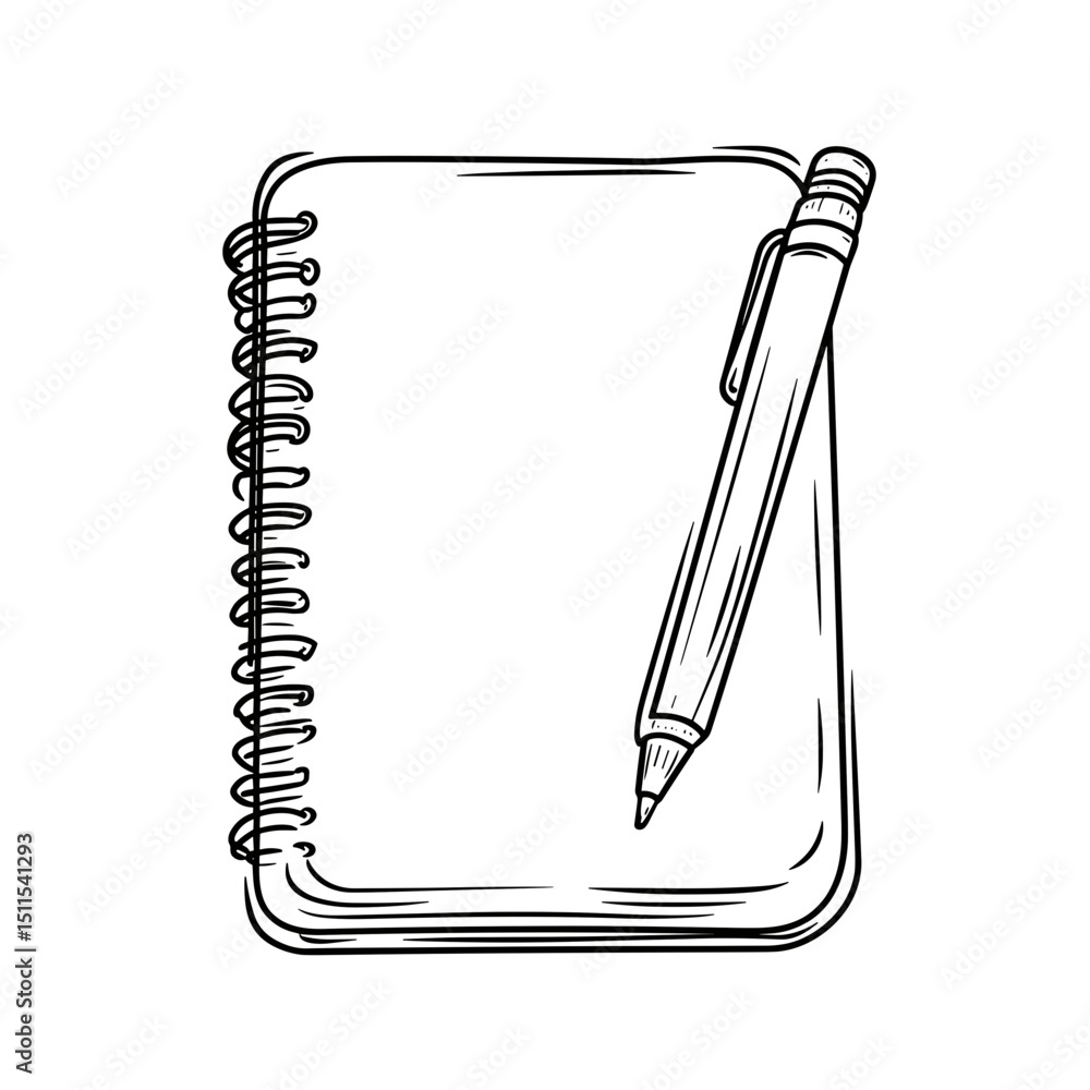Poster notebook with pen resting on blank pages in simple line drawing style