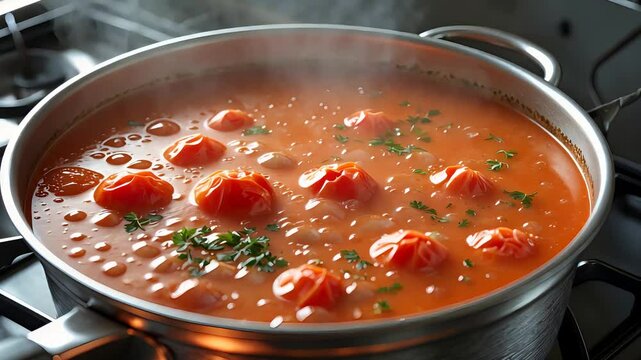Steaming pot of tomato soup with cherry tomatoes and fresh herbs simmering on a stovetop in a stainless steel pan in a home kitchen


