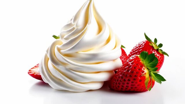 Whipped cream swirls beautifully atop a bed of fresh strawberries, perfect for desserts. Enjoy the delightful combination of flavors and textures in every bite of this sweet creation