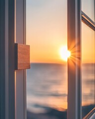 Sunrise view through a window, with a wooden window panel
