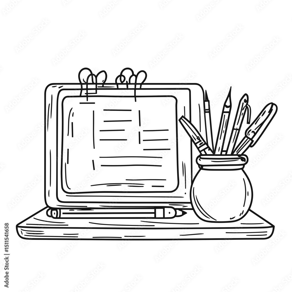 Poster line drawing of a planner with pens and a notepad on the desk