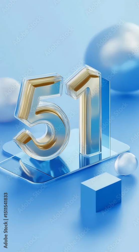 Poster 金と銀の3d数字51が青い背景の球体と立方体に浮かぶ輝きのある抽象的なデザイン