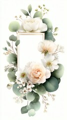 Elegant gold frame surrounded by eucalyptus leaves and white and peach roses