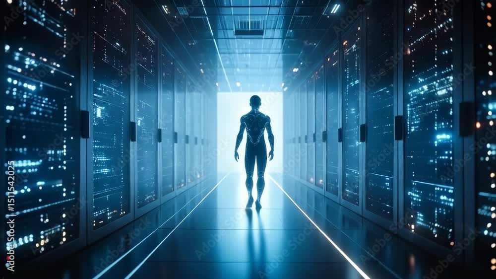Poster humanoid figure walking through a bright data center hallway with glowing computer servers lining th