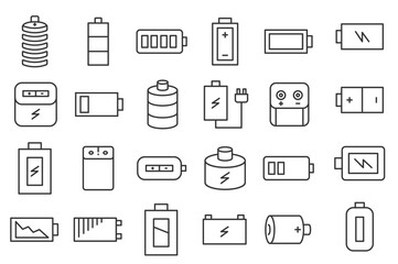 Charging Web Icon Set in Line Style. Collection of Electricity Linear Icons, Including wireless charging, charge, energy, socket, battery, charging station, ev, electric car and More. Editable 