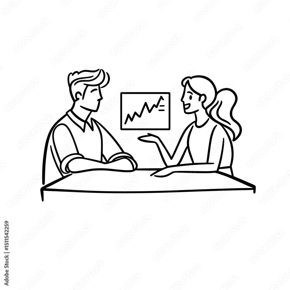 Poster two colleagues discussing business graph at a table in office setting