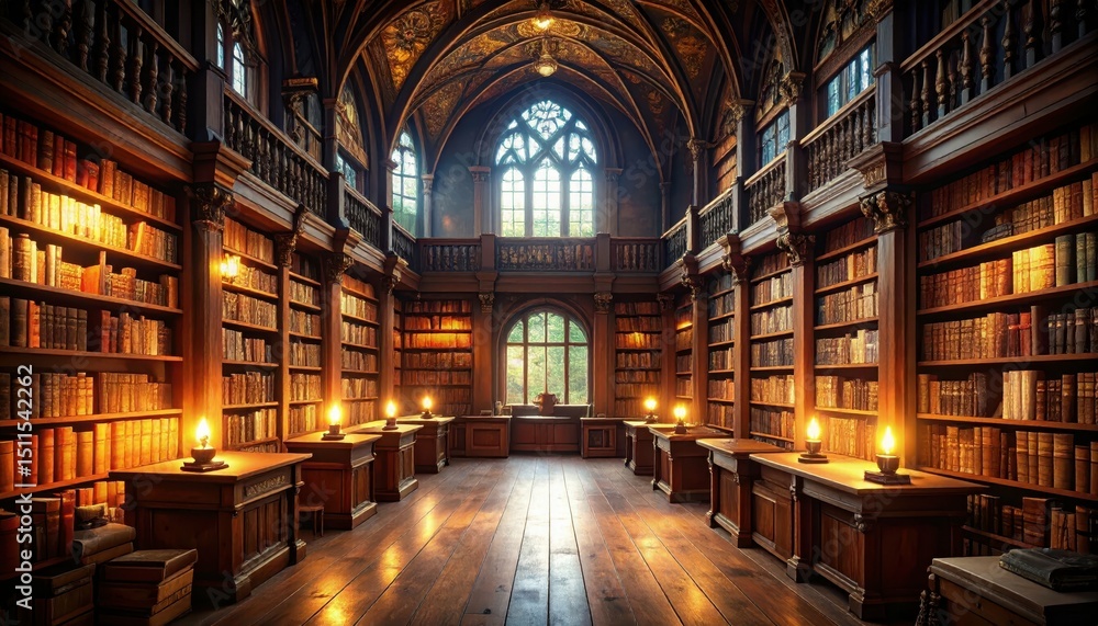 Poster enchanted library filled with mysterious books in unknown language