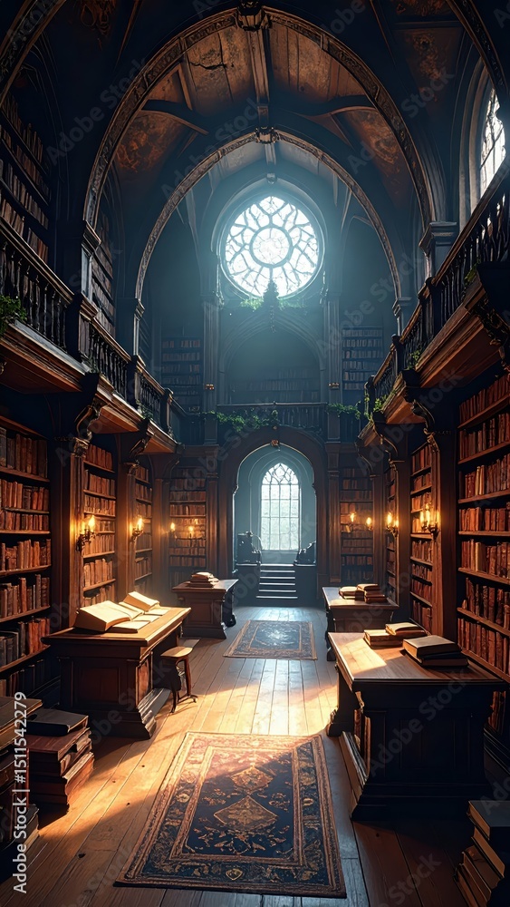 Poster enchanted library filled with books in unknown language and mystery