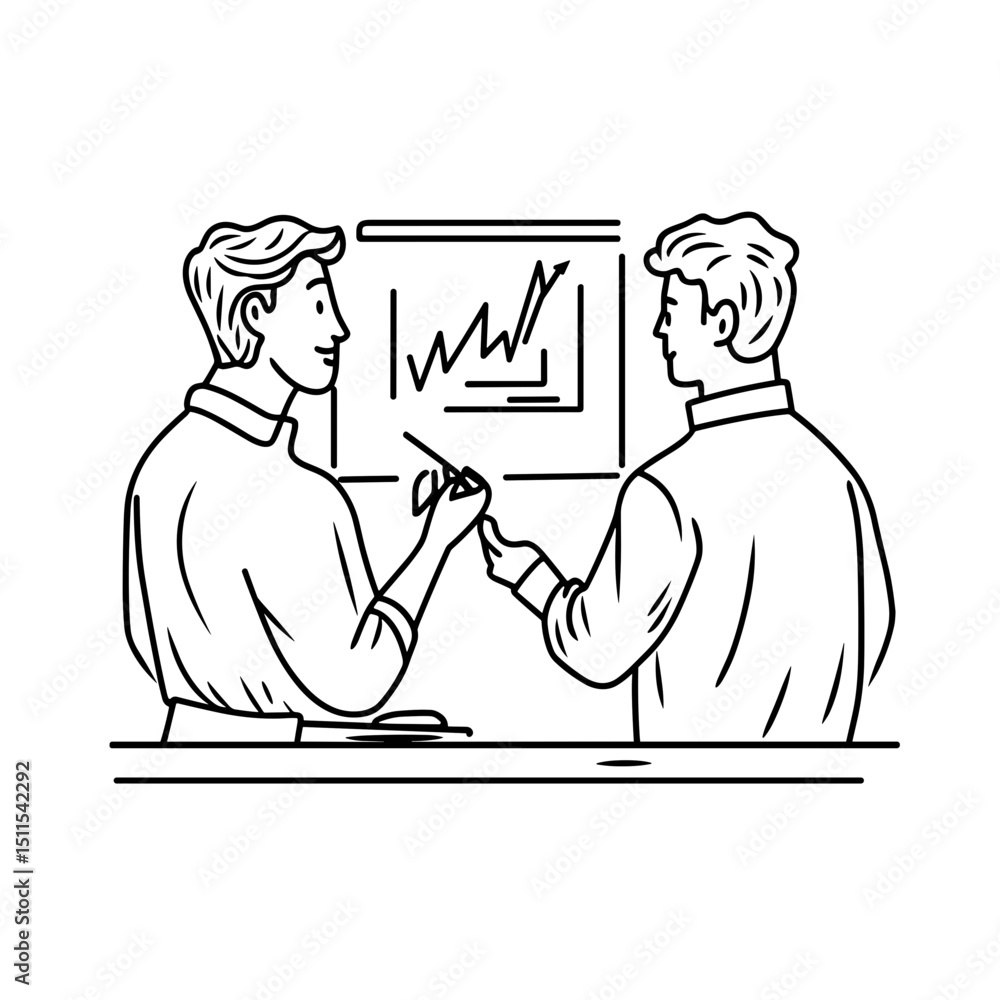 Poster two colleagues discussing graph trends in a modern office setting