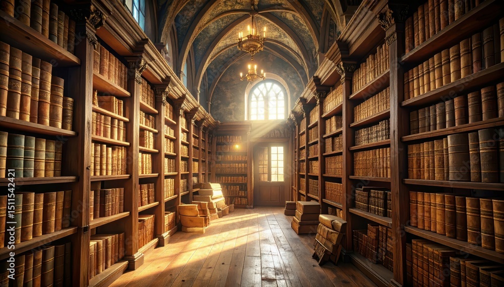 Poster enchanting ancient library filled with scrolls and forgotten texts