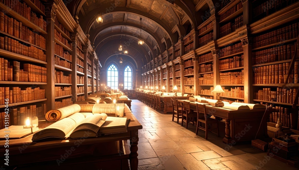 Poster ancient library filled with scrolls and texts evoking forgotten knowledge