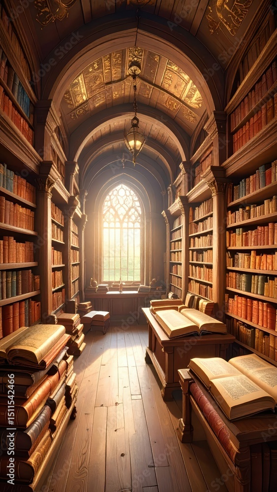 Poster ancient library filled with scrolls and texts from forgotten times