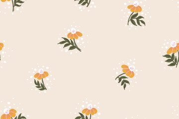 Small flowers and leaves with bubbly dots texture, as a minimalist botanical pattern in colors of yellow, green, off white and cream. Seamless vector pattern. Great for home decor, fabric, wallpaper.