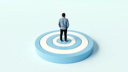 Man Standing on Bullseye Target Platform - Precision, Success, and Goal Achievement, 3D Render