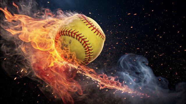 Fiery Softball Dynamic Composition, Burning Ball, Motion Blur, Sport, Fire, Smoke, Softball image Softball