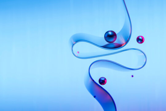Abstract 3D design with glass ribbon and spheres on a neon background