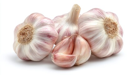Fresh garlic bulbs with cloves resting on white background