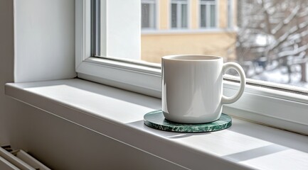 White mug on windowsill with a green coaster