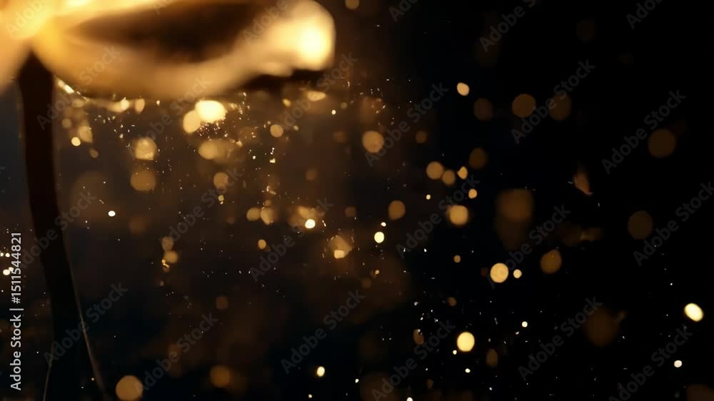 Poster luminous golden flower bloom surrounded by floating bokeh particles on dark background