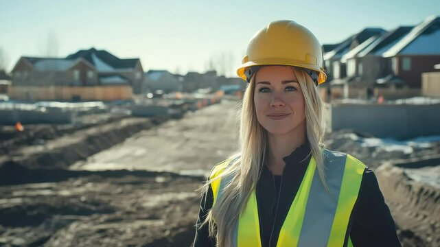 Female Construction Worker in Safety Gear on a Sunny Labor Day