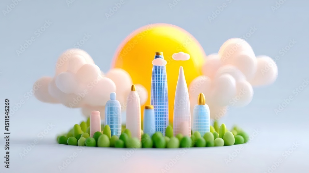 Poster 青と白の建物と黄色い太陽と白い雲の風景緑の草の丘に配置されたカラフルな都市景観