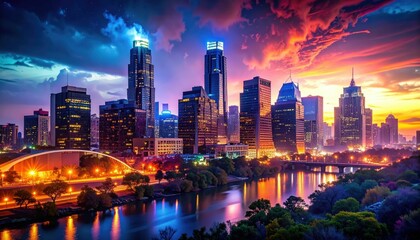 Obraz premium Stunning View of Austin City Skyline at Dusk with Dramatic Colors