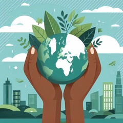 hands gently holding the Earth, surrounded by green leaves symbolizing growth, sustainability, and care for the environment.