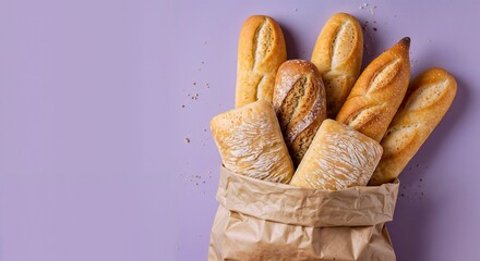 Fresh baked bread rolls in a brown paper bag on purple background  