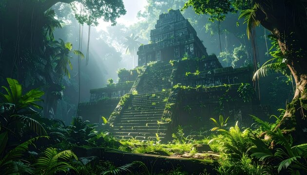 Ancient Ruined Aztec Temple Surrounded by Lush Jungle Vegetation