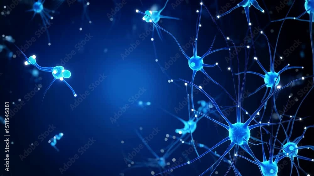 Aufkleber neurons firing in a neural network with glowing light, blue color scheme, science and medical concep